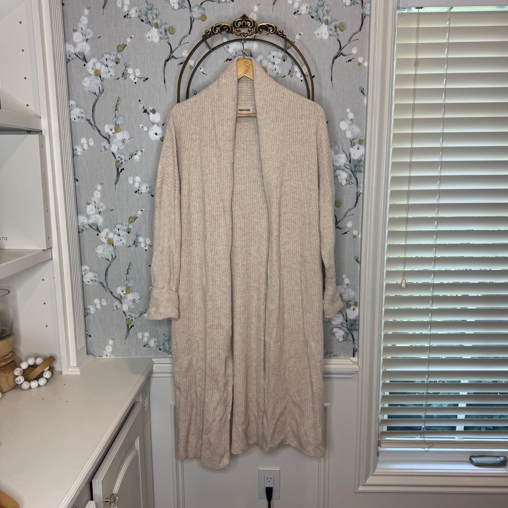 Open Edit Womens Longline Ribbed Cardigan Sweater Beige Oatmeal Shawl Collar L